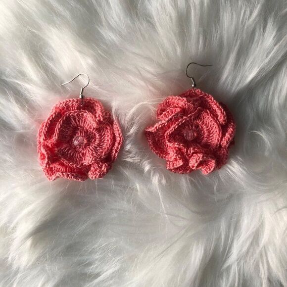 Brand New Handmade Crochet Earring Pink Flower Pattern 100% Cotton For Women - Picture 1 of 8